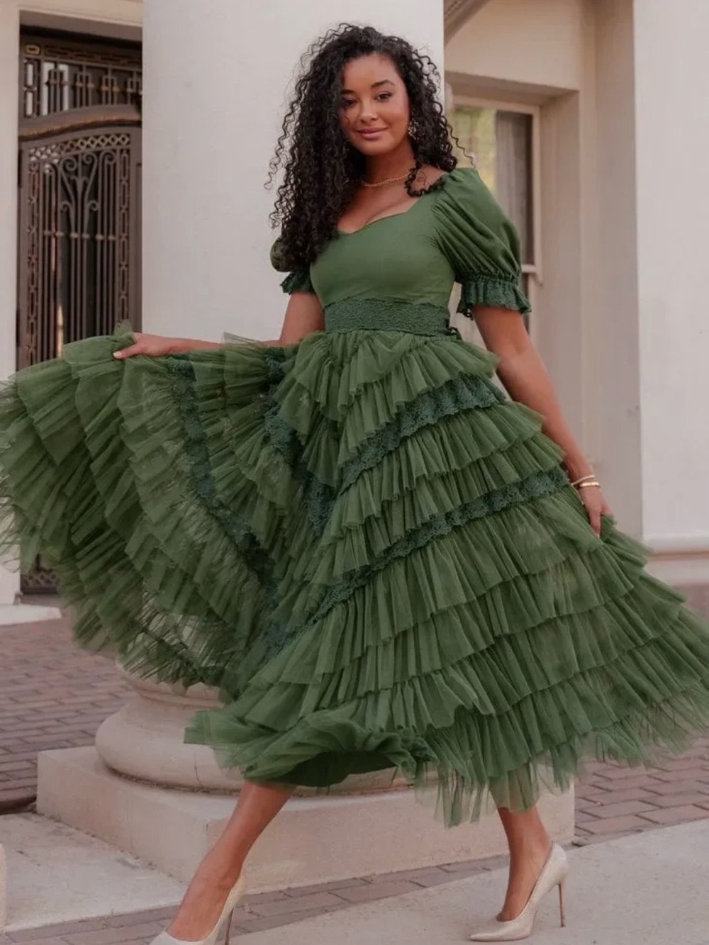JessaKae | Green Thumbelina Tiered Tulle Lace Ruffle Puff Sleeve Midi Dress